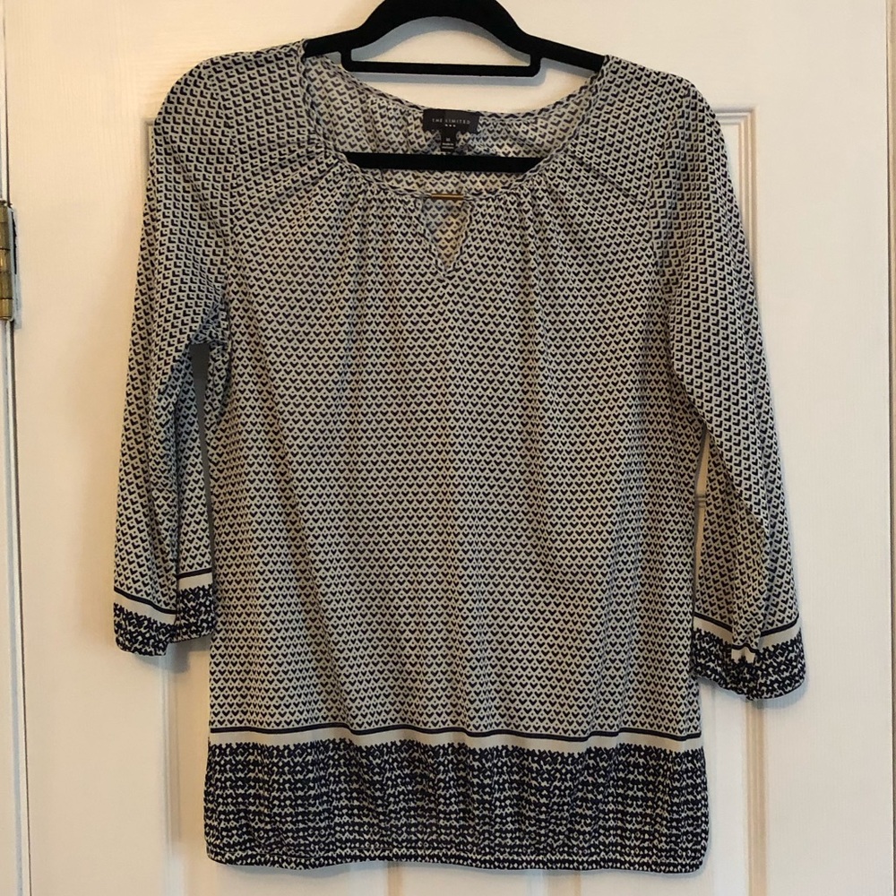 The Limited White and Navy Blouse with Gold Accent